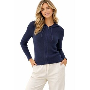 Pura Cashmere 100% Cotton Fisherman Hoodie Navy Blue Zip Up Ribbed Sweater S